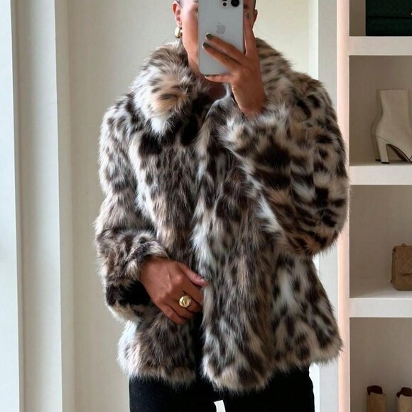 Women's Faux Fur animal print Long Sleeve Warm Coat - Picture 8 of 9